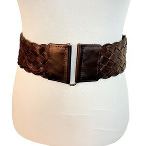 Old Navy Stretch Belt Size M Brown Braided Leather Wide Cinch Boho Basket Weave